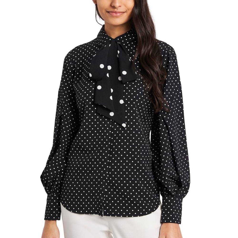 Riley & Rae Camille Bow Neck Blouse-Polka Dot Black Blouse with Bow. medium